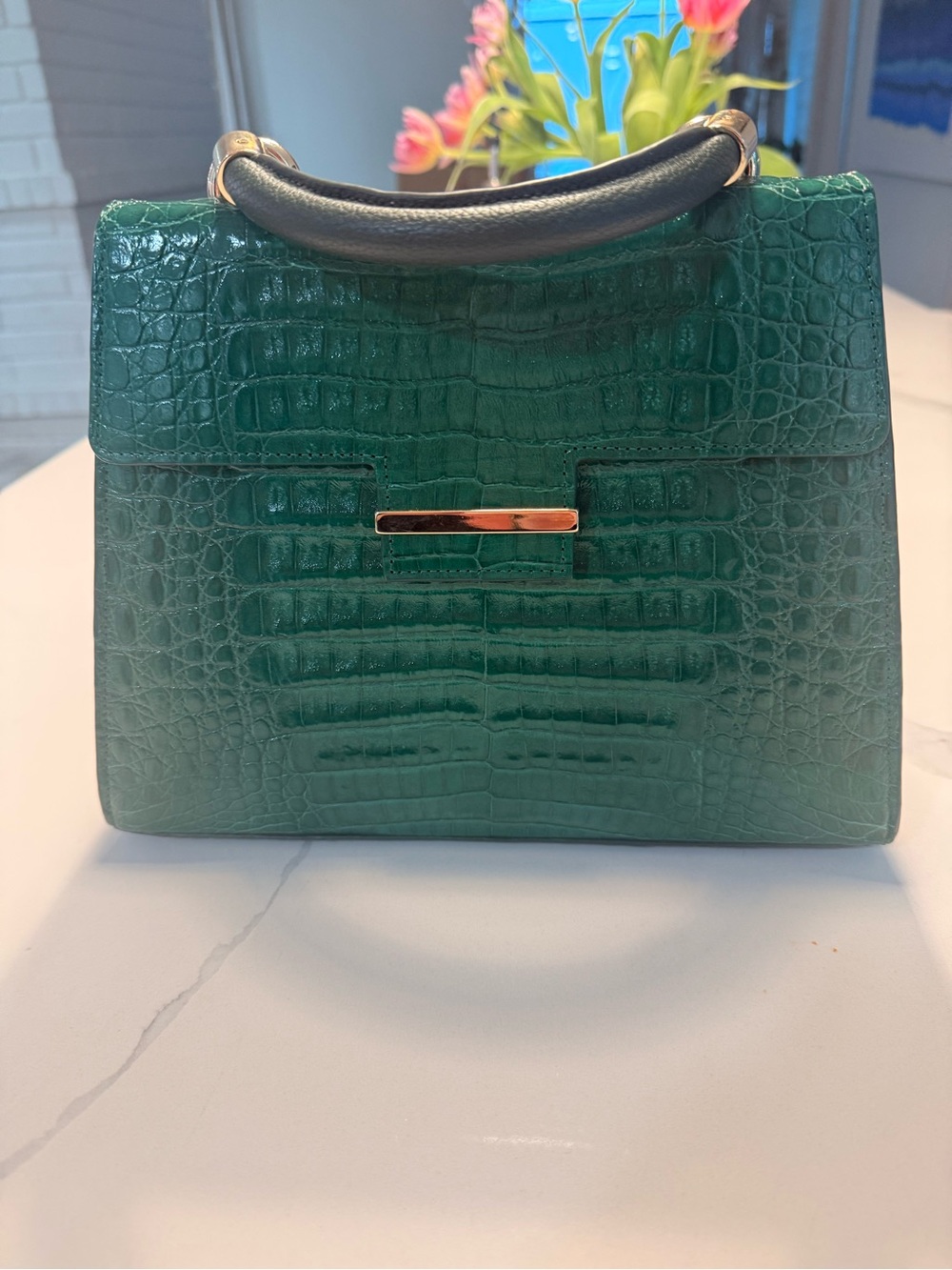 Maria Oliver Green Croc Top-Handle bag with Gold Accent